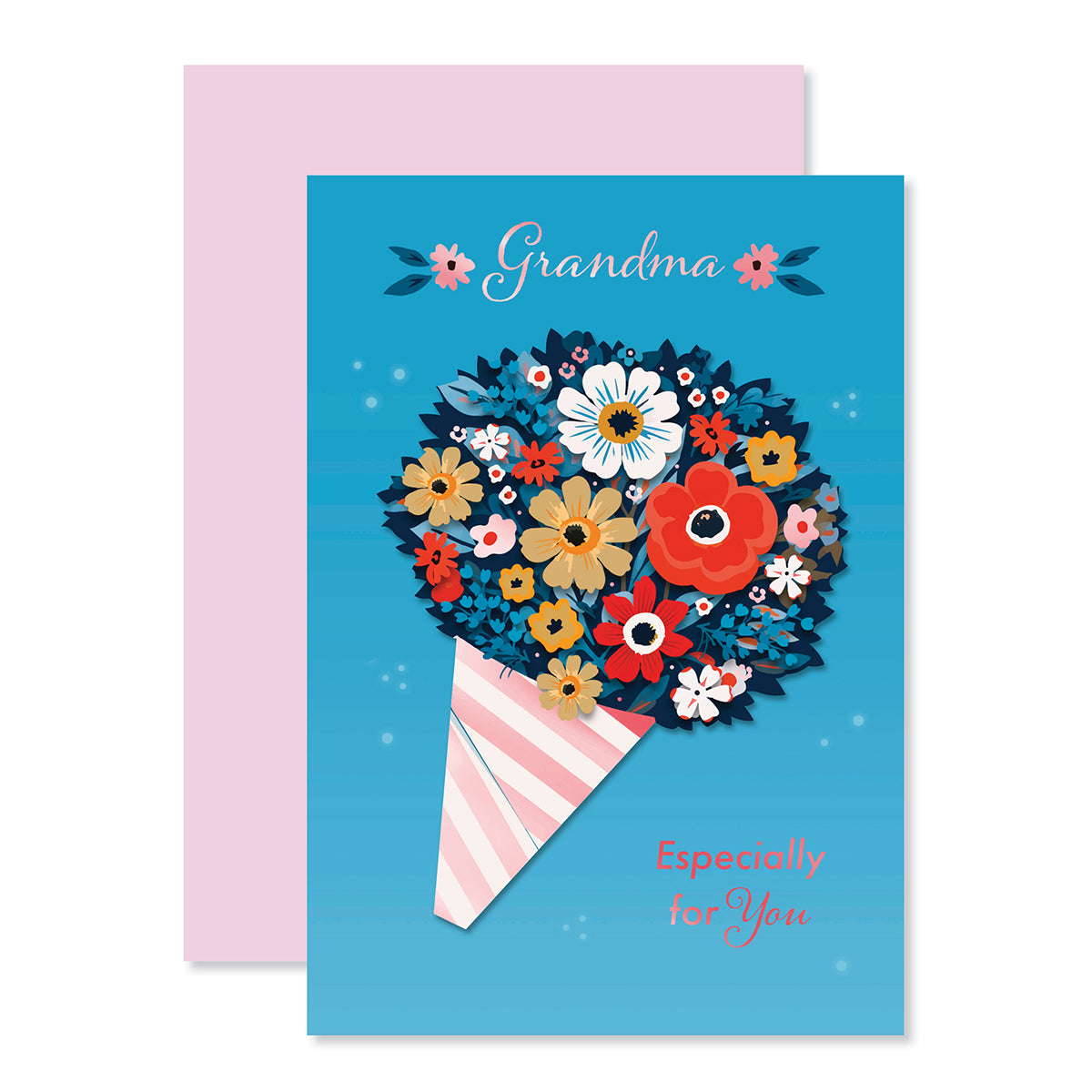Hallmark Mother's Day Card For Grandma - Especially For You, colourful floral design, featuring 3D bouquet and pink foil highlights, flat lay