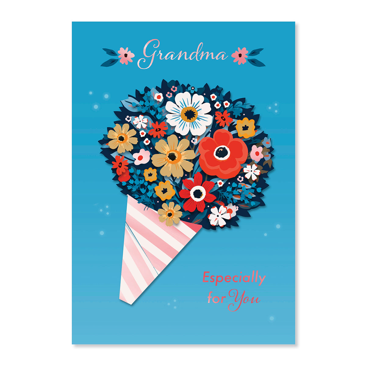 Hallmark Mother's Day Card For Grandma - Especially For You, colourful floral illustration with a 3D bouquet design on a blue background.