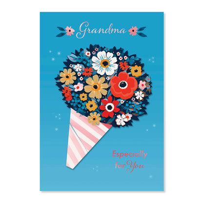 Hallmark Mother's Day Card For Grandma - Especially For You, colourful floral illustration with a 3D bouquet design on a blue background.