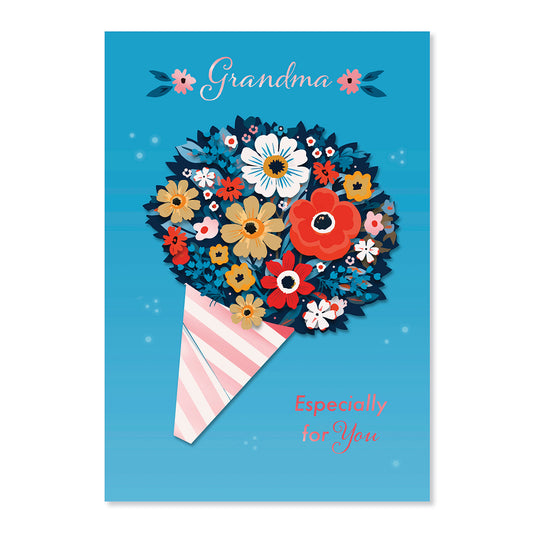 Hallmark Mother's Day Card For Grandma - Especially For You, colourful floral illustration with a 3D bouquet design on a blue background.