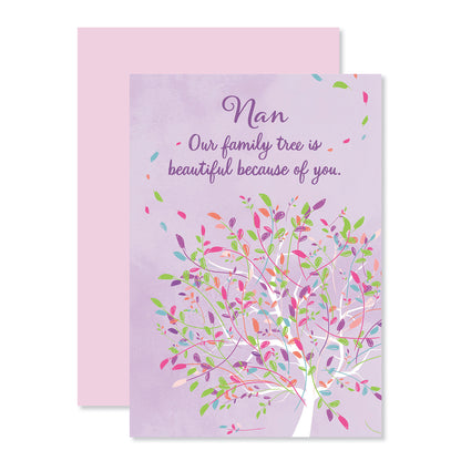Hallmark Mother's Day Card For Nan - Family Tree featuring a colourful tree illustration with pink and green foil highlights on a light purple background.