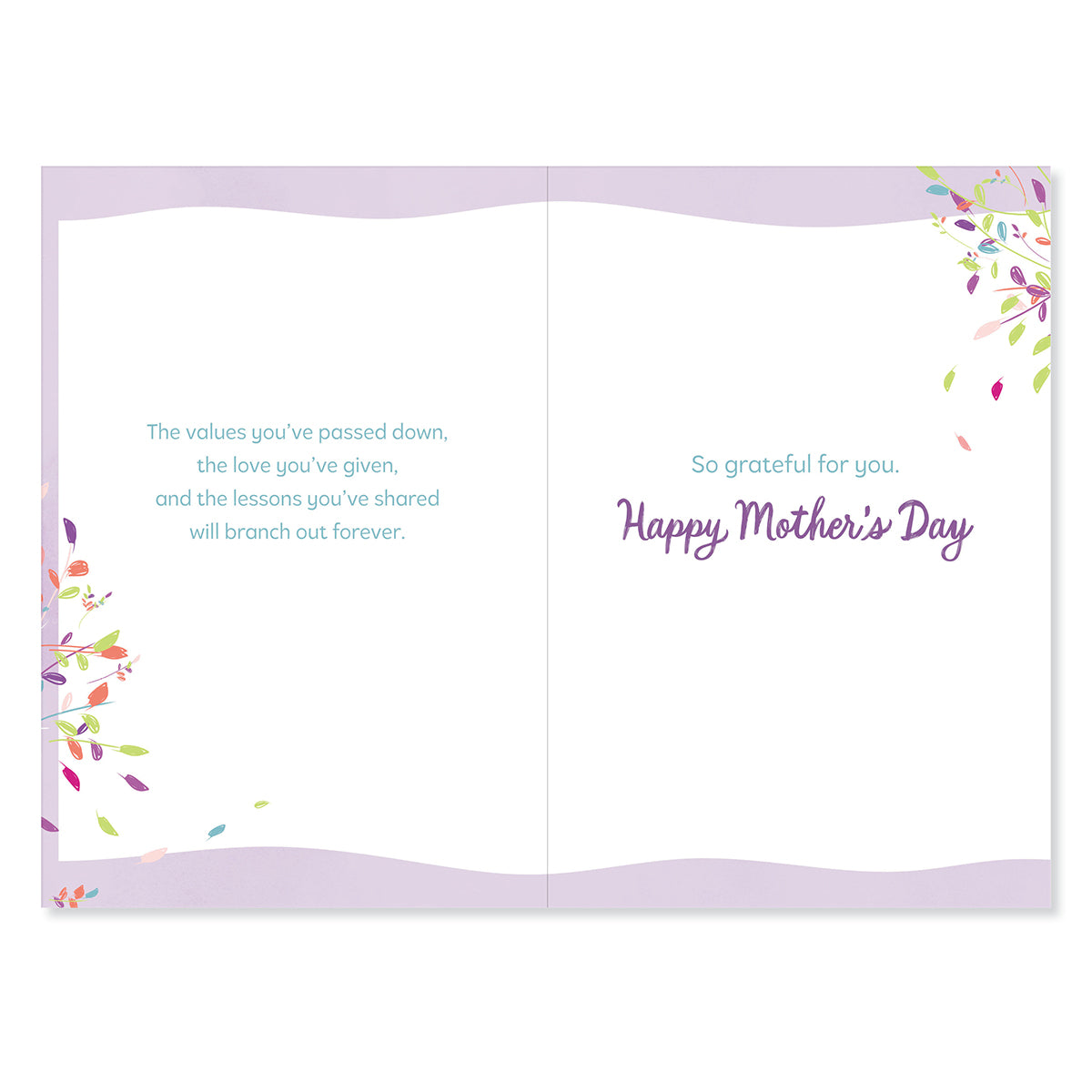 Hallmark Mother's Day card for Nan - Family Tree, inside view featuring colourful illustrations and heartfelt messages.