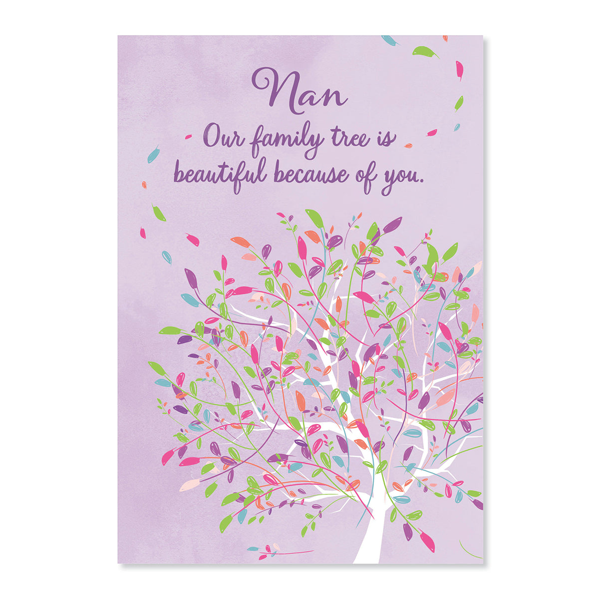Hallmark Mother's Day Card For Nan - Family Tree featuring a vibrant tree illustration with pink and green leaves on a lavender background.