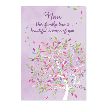 Hallmark Mother's Day Card For Nan - Family Tree featuring a vibrant tree illustration with pink and green leaves on a lavender background.