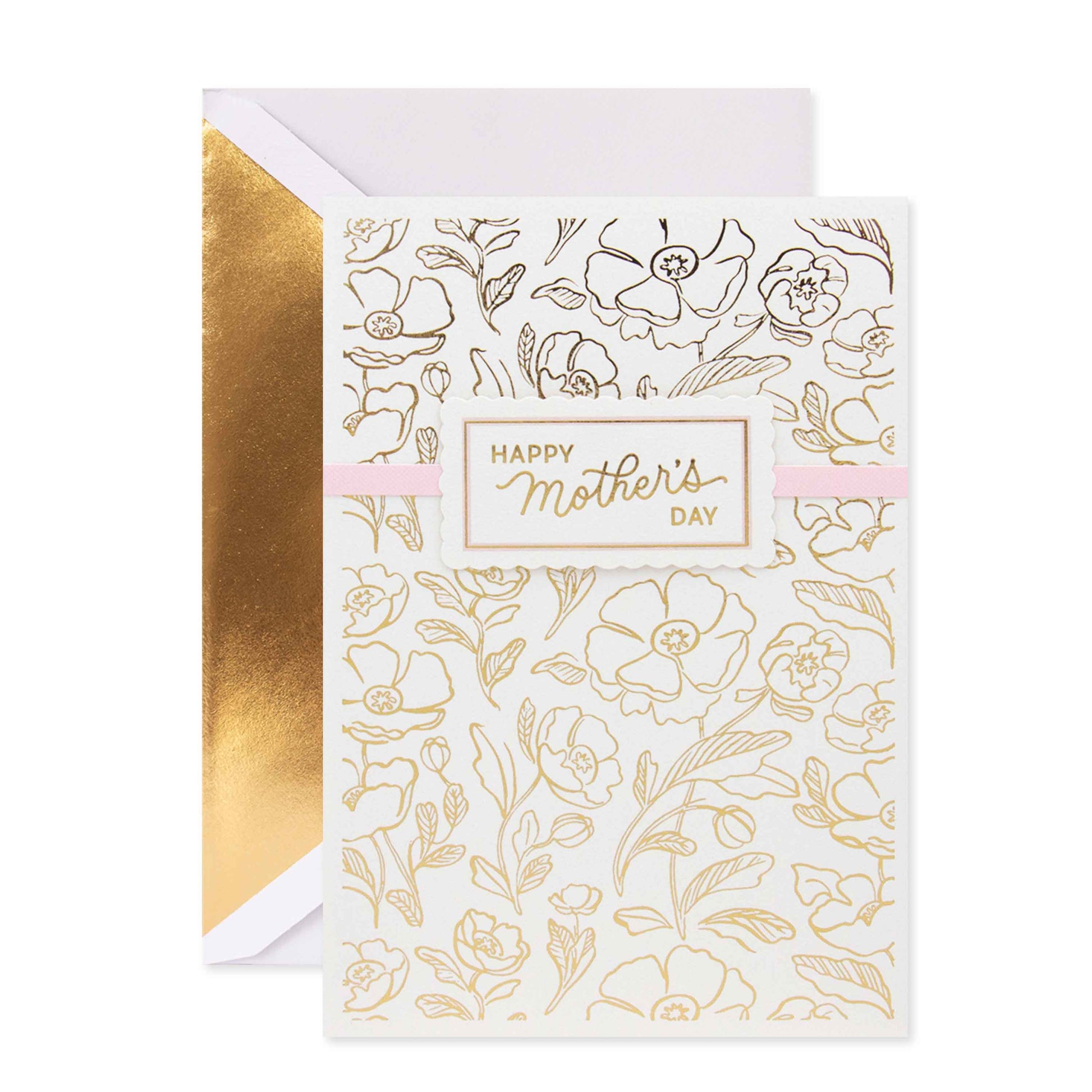 Hallmark Signature Mother's Day Card - Wonderful As You with gold foil highlights and floral illustrations, flat lay view.