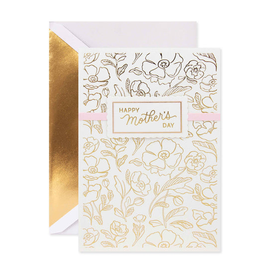 Hallmark Signature Mother's Day Card - Wonderful As You with gold foil highlights and floral illustrations, flat lay view.