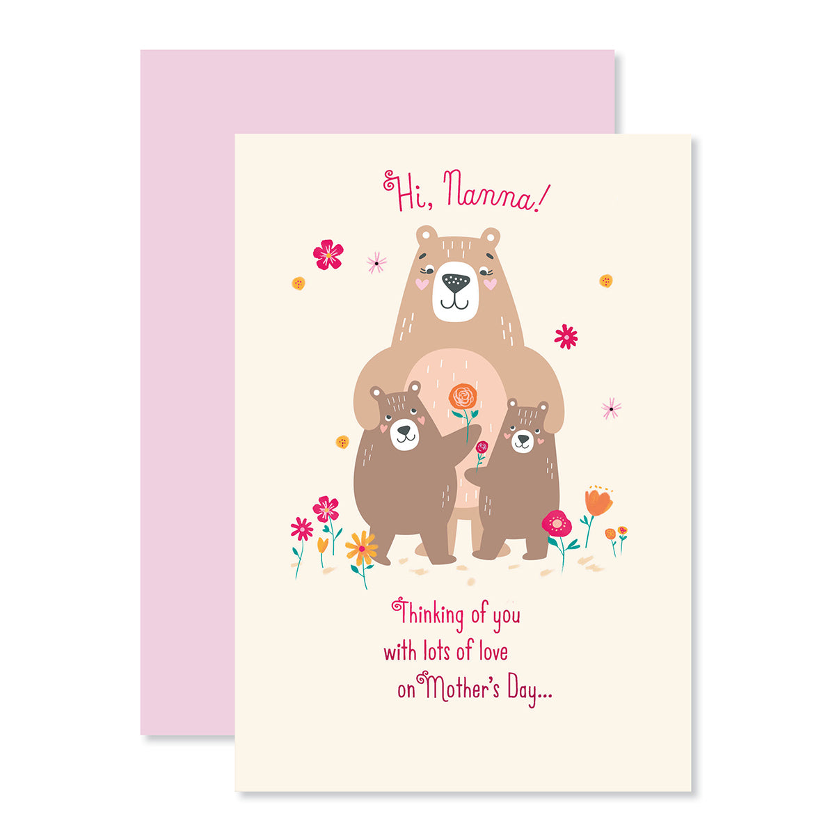 Hallmark Mother's Day Card For Nanna - Loved So Very Much featuring a mumma bear with her cubs and floral details in pink and cream.