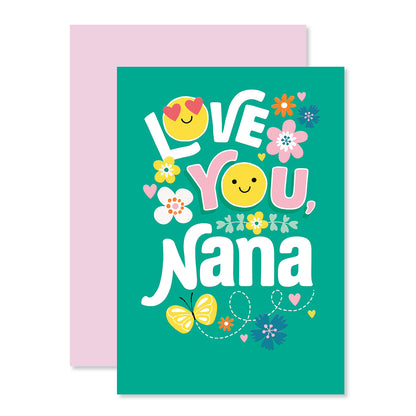 Hallmark Mother's Day Card For Nana - Nicest Kind featuring vibrant green design with flowers and smiley faces on the front.