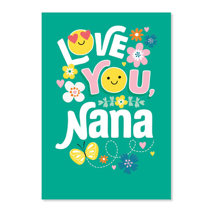 Hallmark Mother's Day Card For Nana - Nicest Kind with colourful flower illustrations and smiley faces on a teal background