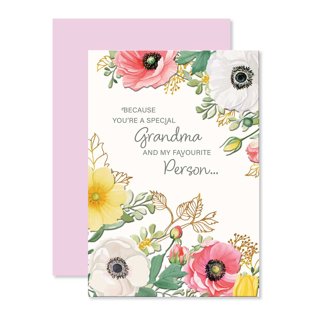 Hallmark Mother's Day card for Grandma - Favourite Person with floral designs and uplifting message on a pale pink background.