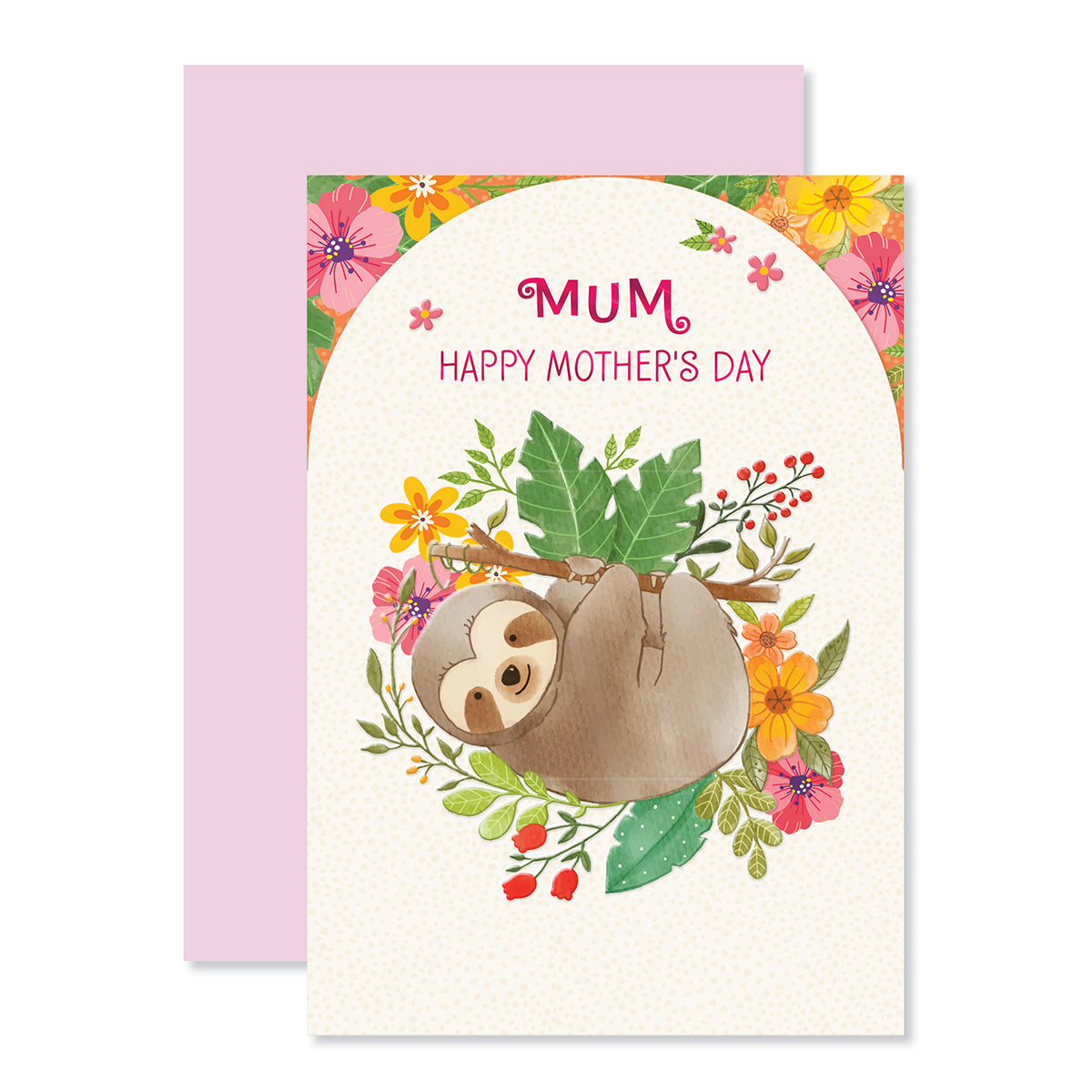 Hallmark Mother's Day Card - Relax & Unwind featuring a sloth and colourful flowers, embossed elements with pink foil highlights.