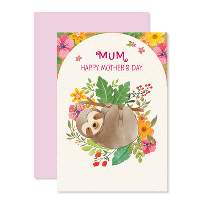 Hallmark Mother's Day Card - Relax & Unwind featuring a sloth and colourful flowers, embossed elements with pink foil highlights.