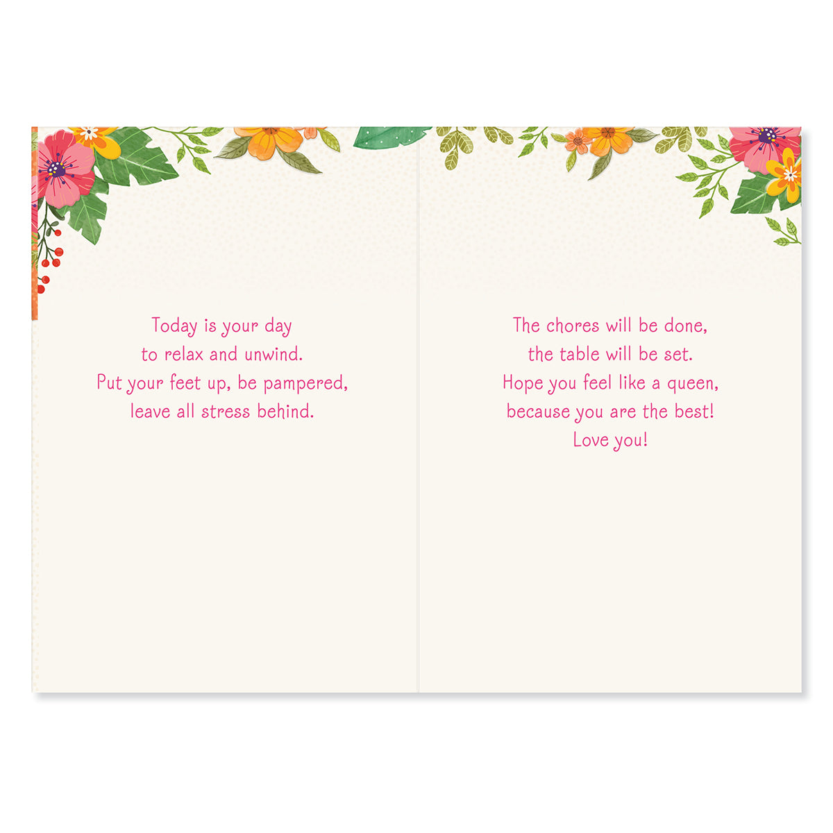 Hallmark Mother's Day Card - Relax & Unwind, inside view, featuring floral illustrations and heartfelt message in pink text.