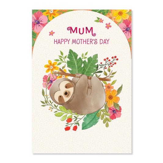 Hallmark Mother's Day Card - Relax & Unwind featuring a sloth illustration surrounded by colourful flowers and pink foil highlights.