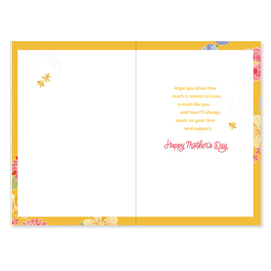 Hallmark Mother's Day Card From Daughter - Love & Support, open view, featuring colourful floral illustrations and heartfelt message inside.