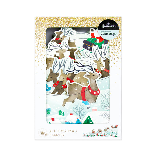 Hallmark Guide Dogs Christmas card set in a white box with a glittery gold border and a clear window showing illustrated Christmas dogs in winter scenes.