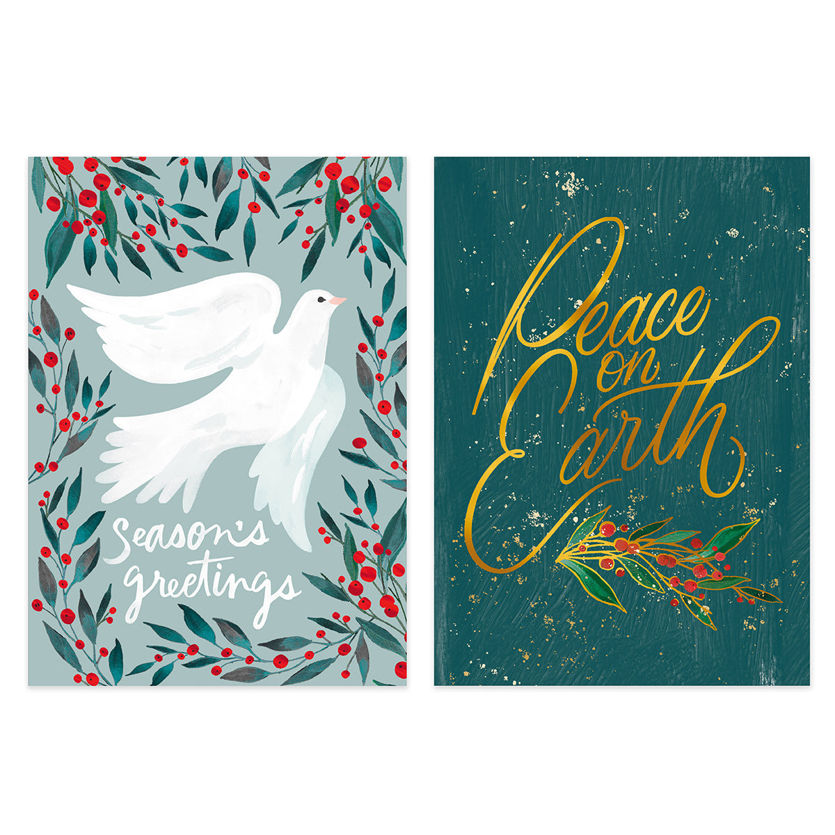 Two Christmas greeting cards shown side by side on a white background. The left card has a white dove surrounded by green leaves and red berries with the text 'seasons greetings.