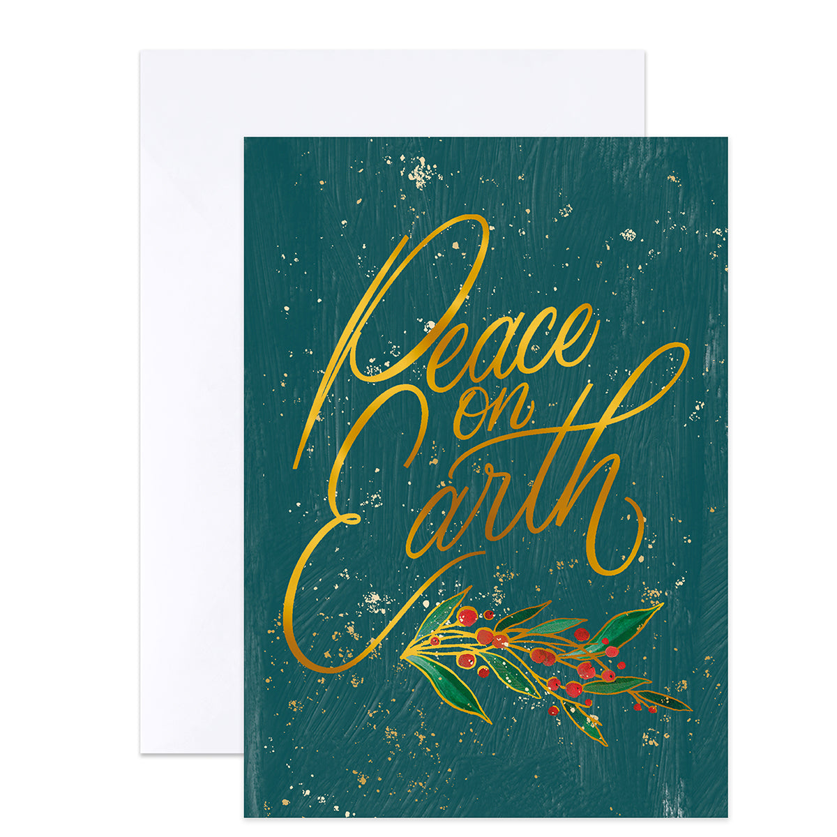 A holiday greeting card with a dark teal wood-textured background, gold metallic script reading 'Peace on Earth,' and a green holly branch with red berries near the bottom. A white envelope is partially visible behind the card on a white background.
