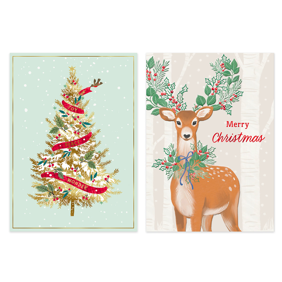 Two Christmas greeting cards shown side by side on a white background. The left card features a decorated Christmas tree with red ribbons, gold ornaments, and snow, with the word 'WONDER' on a red banner.