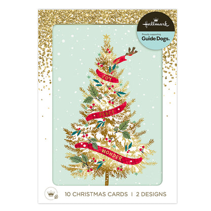 Hallmark Christmas cards for dogs, featuring a gold glittery Christmas tree with red ribbons and holly on a light mint green background, packaged in a white card sleeve with gold glitter trim.