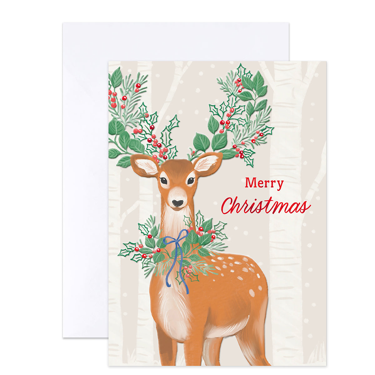 A Christmas greeting card featuring an illustrated brown deer with antlers decorated with green holly leaves and red berries, with the words 'Merry Christmas' in red script. A white envelope is visible behind the card on a white background.
