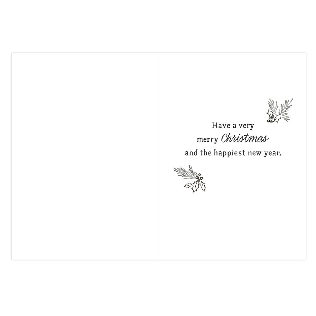 A blank greeting card shown open, with a minimalist black text design on the right panel reading 'Have a very merry Christmas and the happiest new year.' and small botanical illustrations.