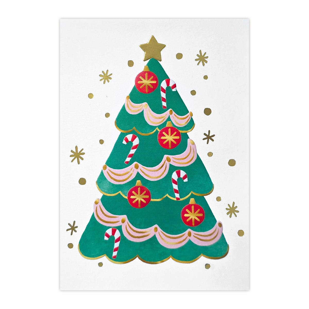 A festive Christmas tree art print featuring a green tree decorated with red ornaments, candy canes, and gold accents on a white background.