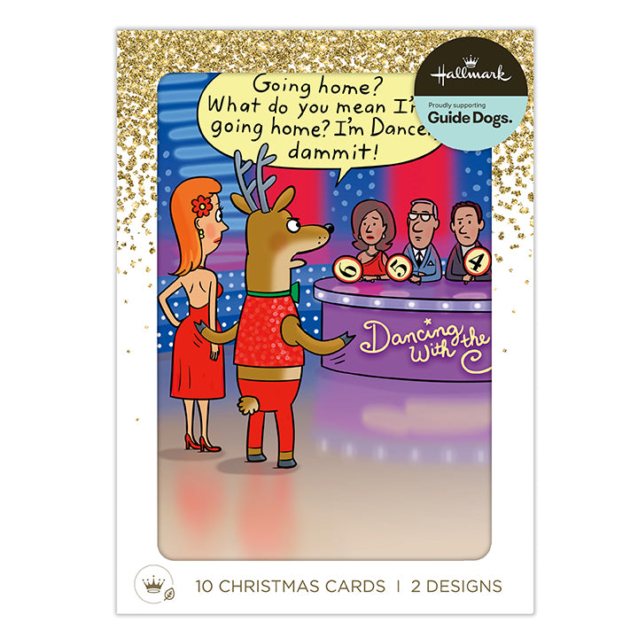 Hallmark Christmas card set featuring a cartoon illustration of a couple and guide dogs at a dance competition, with gold glitter border and text indicating 10 Christmas cards, 2 designs.