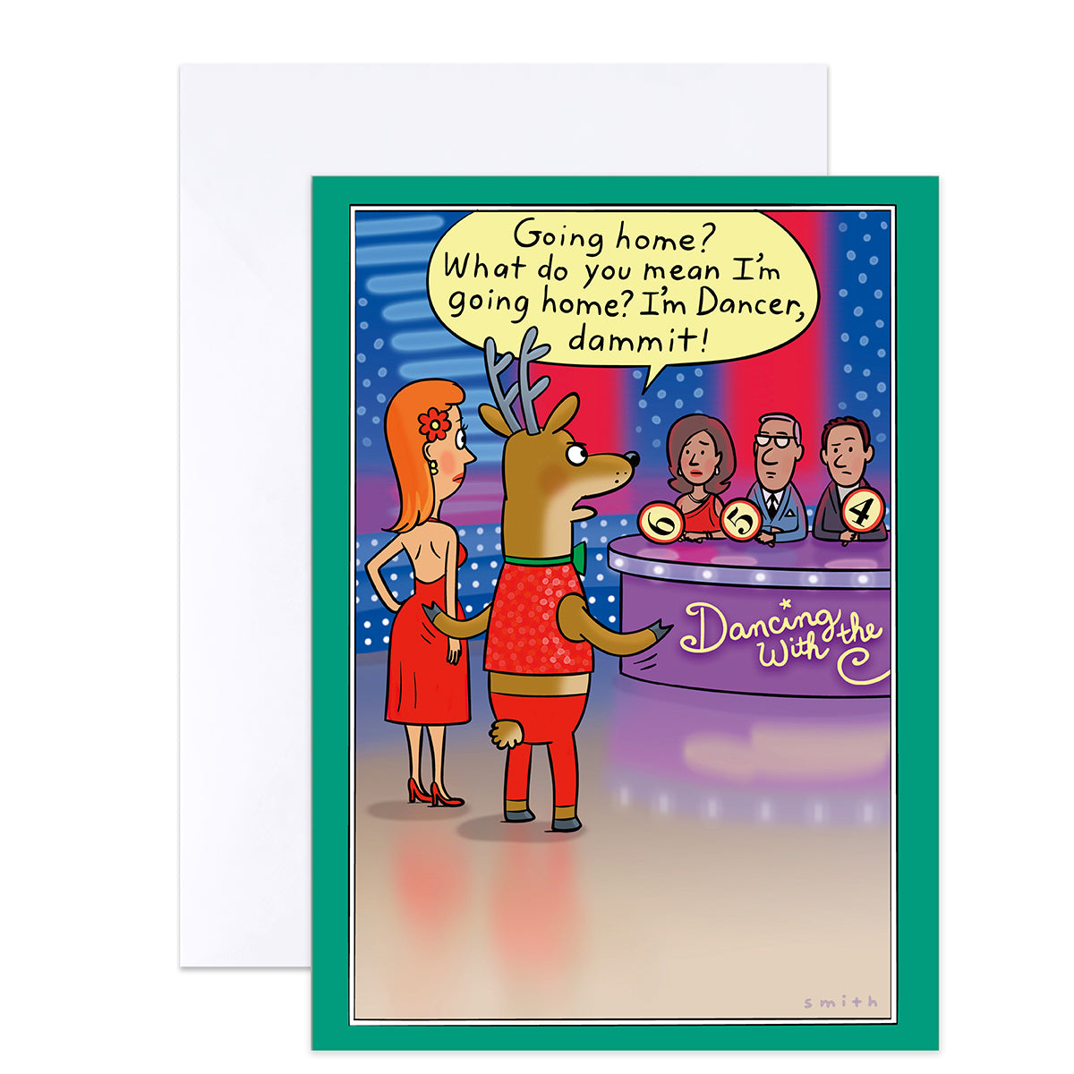 A Christmas-themed greeting card featuring a cartoon illustration of a reindeer and a woman on a dance show, with a white envelope behind it on a white background.