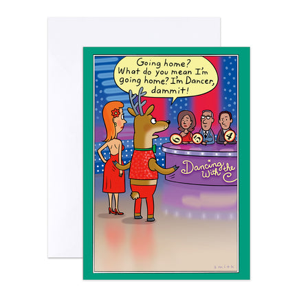 A Christmas-themed greeting card featuring a cartoon illustration of a reindeer and a woman on a dance show, with a white envelope behind it on a white background.
