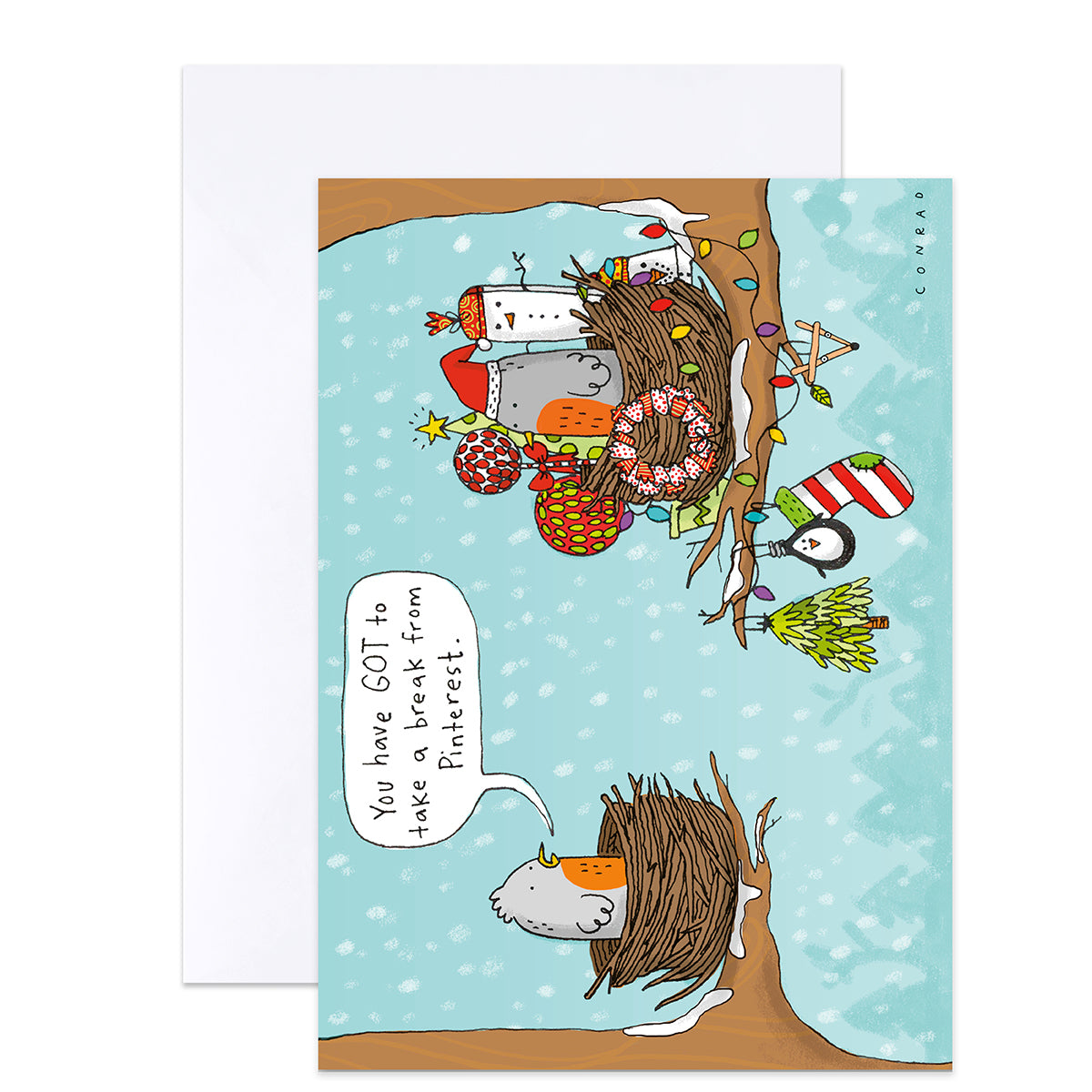 A Christmas-themed cartoon greeting card with a white envelope behind it. The card shows a snowy winter scene with a bird's nest, ornaments, a penguin, and a speech bubble that reads, 'You have GOT to learn from Pinterest.