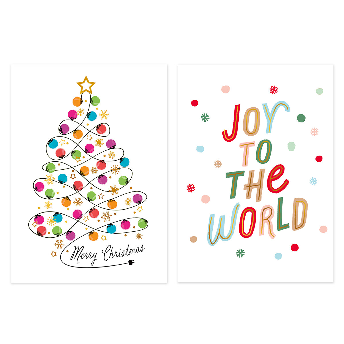 Two Christmas greeting card designs on a white background: one shows a colorful spiral Christmas tree with ornaments and the text 'Merry Christmas'; the other says 'JOY TO THE WORLD' in multicolored playful lettering with small snowflakes.