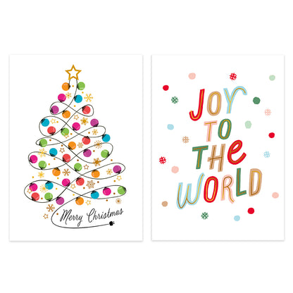 Two Christmas greeting card designs on a white background: one shows a colorful spiral Christmas tree with ornaments and the text 'Merry Christmas'; the other says 'JOY TO THE WORLD' in multicolored playful lettering with small snowflakes.