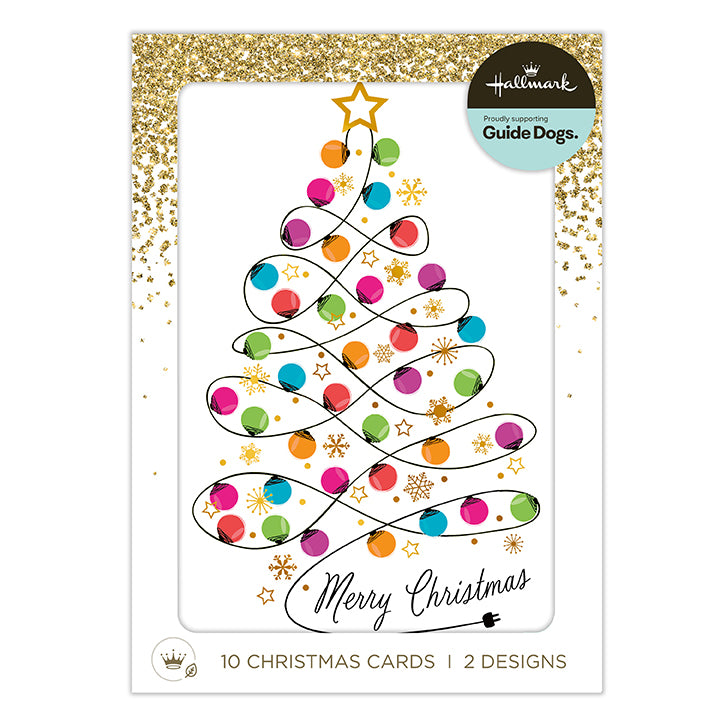 Hallmark Christmas cards featuring a colorful spiral Christmas tree design with ornaments, stars, snowflakes, and the text 'Merry Christmas' on a white card with a gold glitter border.