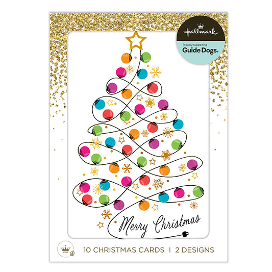 Hallmark Christmas cards featuring a colorful spiral Christmas tree design with ornaments, stars, snowflakes, and the text 'Merry Christmas' on a white card with a gold glitter border.