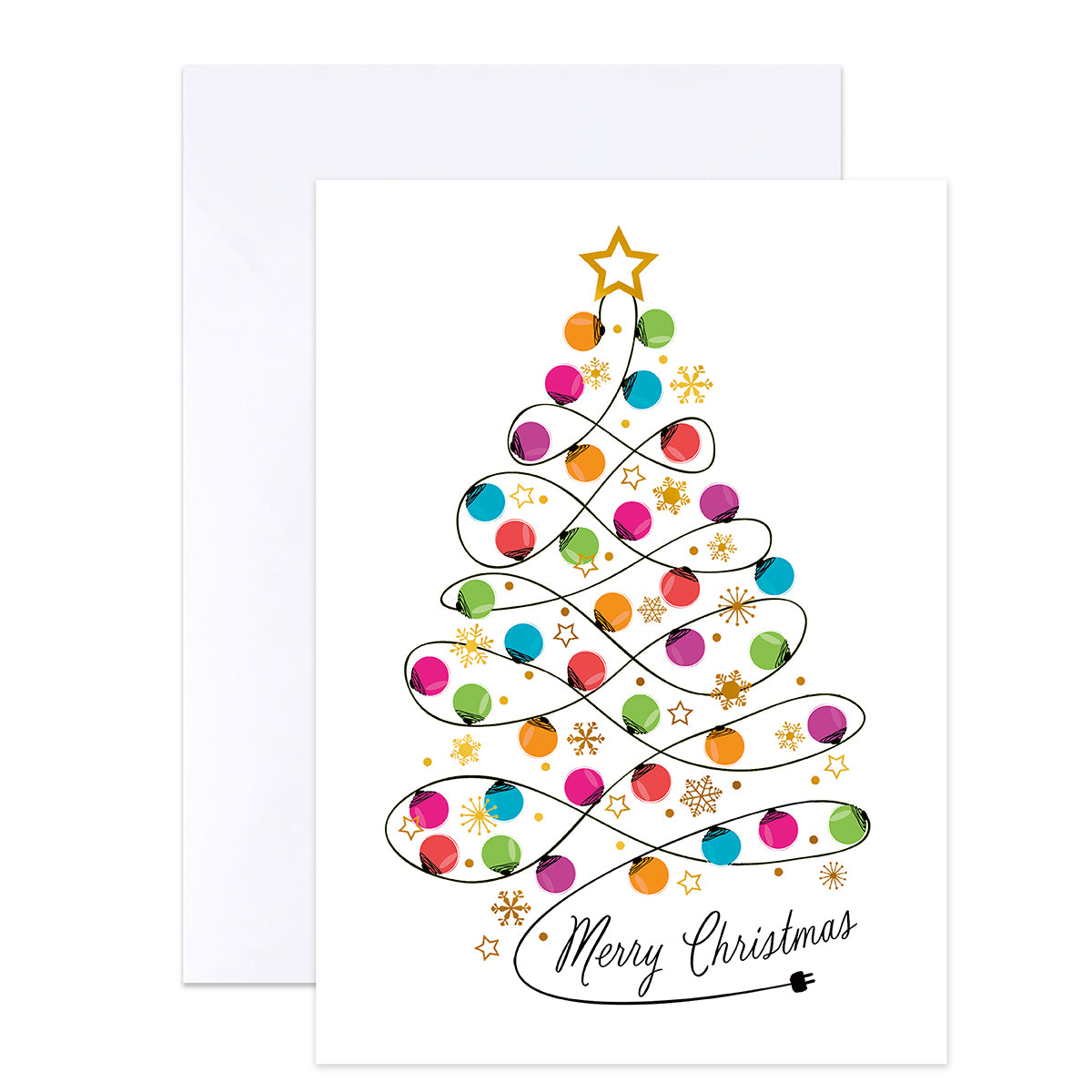 A white Christmas greeting card with a colorful spiral tree design made of ornaments, stars, and swirls, with the words 'Merry Christmas' in black script at the bottom. A plain white envelope is partially visible behind the card.
