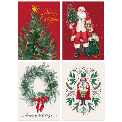 Four Christmas greeting cards arranged in a 2x2 grid. The top-left card has a red background with a decorated Christmas tree and gold 'Merry Christmas' script.