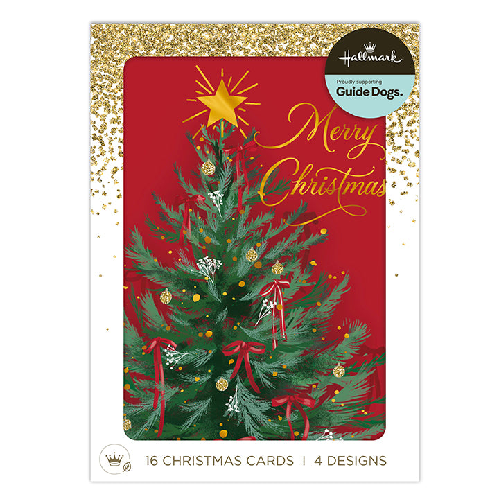 Hallmark Christmas cards for dogs, featuring a festive red card with a decorated green Christmas tree, gold star, and 'Merry Christmas' script, surrounded by a white border with gold glitter accents.