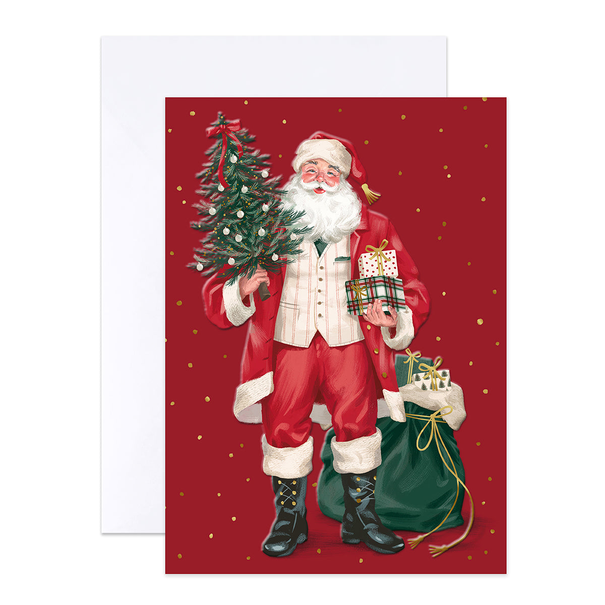 A Christmas greeting card featuring an illustration of Santa Claus holding a small Christmas tree and gift boxes, with a green sack on a red background, shown with a white envelope behind it.