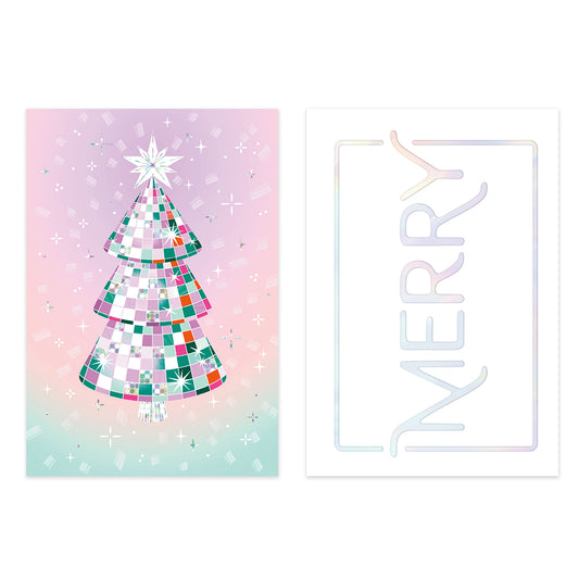 A Christmas greeting card set featuring a pastel gradient card with a mosaic Christmas tree and star on the left, and a white card with an iridescent holographic 'MERRY' outline on the right.