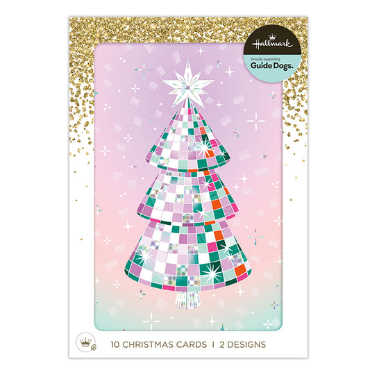 Hallmark Christmas cards featuring a colorful mosaic Christmas tree design on a pastel pink and blue gradient background, with a gold glitter border and a Hallmark logo in the top right.
