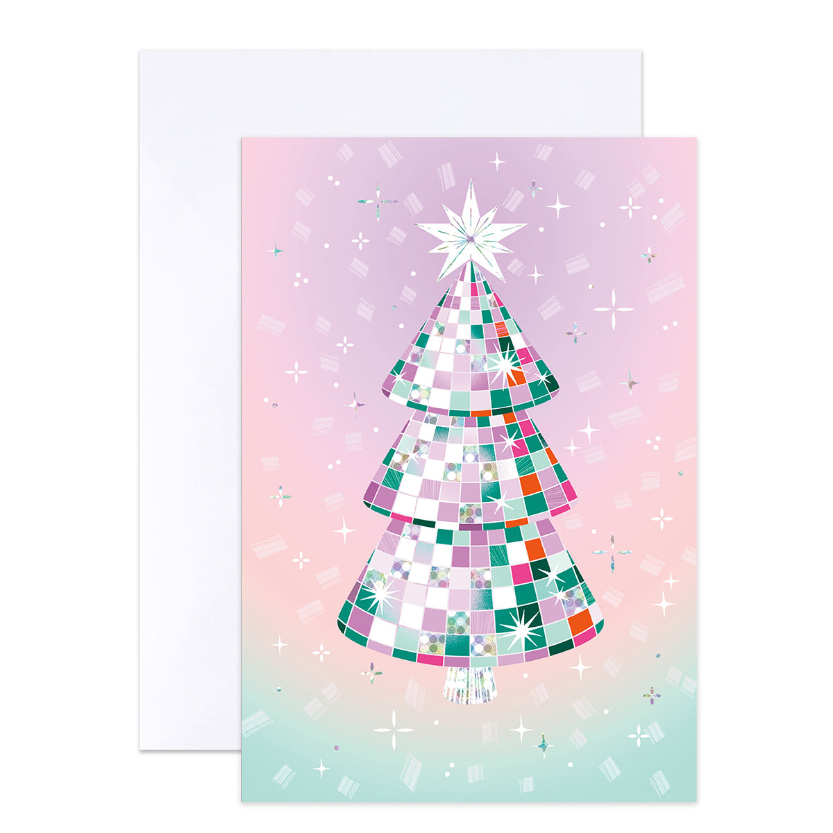 A Christmas greeting card featuring a colorful mosaic tree design on a pastel pink and mint gradient background, shown with a plain white envelope behind it.