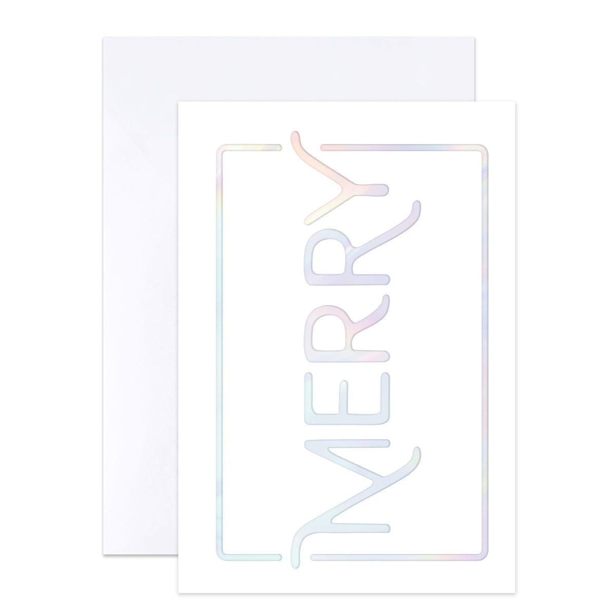 A white greeting card with the word 'MERRY' in large outlined letters filled with a soft iridescent pastel gradient, shown with a white envelope behind it on a light gray background.