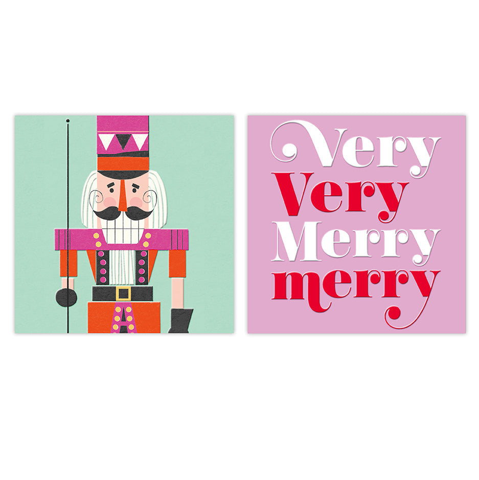 Two square holiday art prints on a white background. The left print shows a stylized nutcracker with a mint green background.