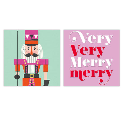 Two square holiday art prints on a white background. The left print shows a stylized nutcracker with a mint green background.