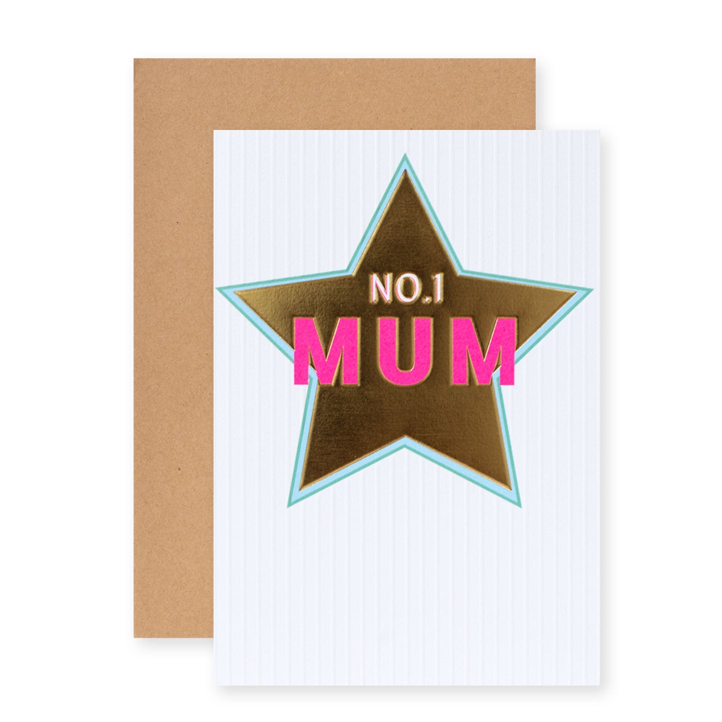Hallmark Mum Card - No. 1 MUM featuring a gold star design and bright pink lettering, with Kraft envelope included.