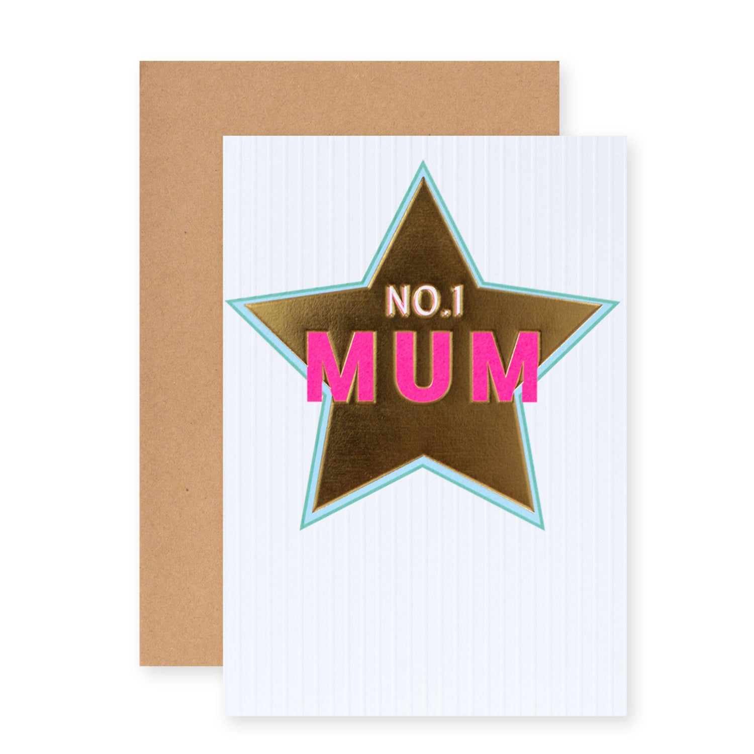 Hallmark Mum Card - No. 1 MUM featuring a gold star design and bright pink lettering, with Kraft envelope included.