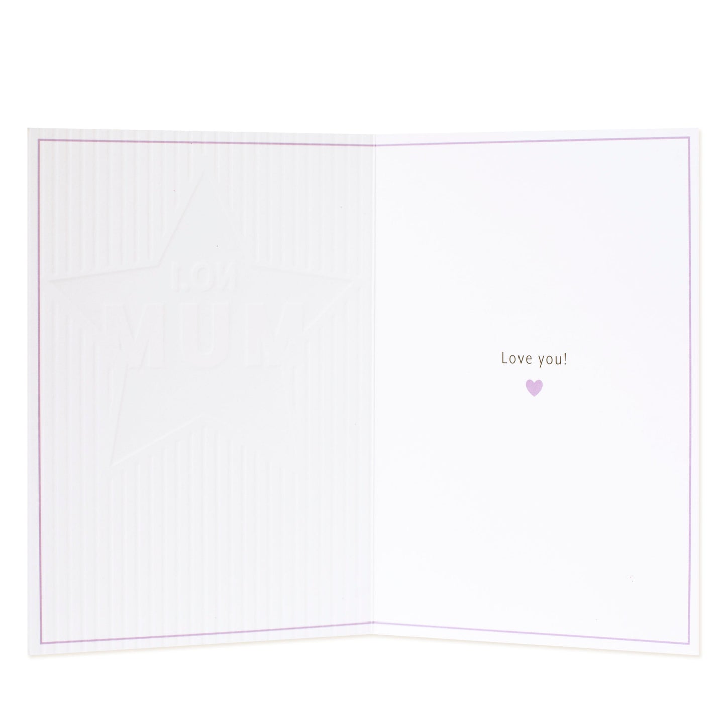 Hallmark Mum Card - No. 1 MUM inside view with embossed star detail and printed message 'Love you!' in purple.