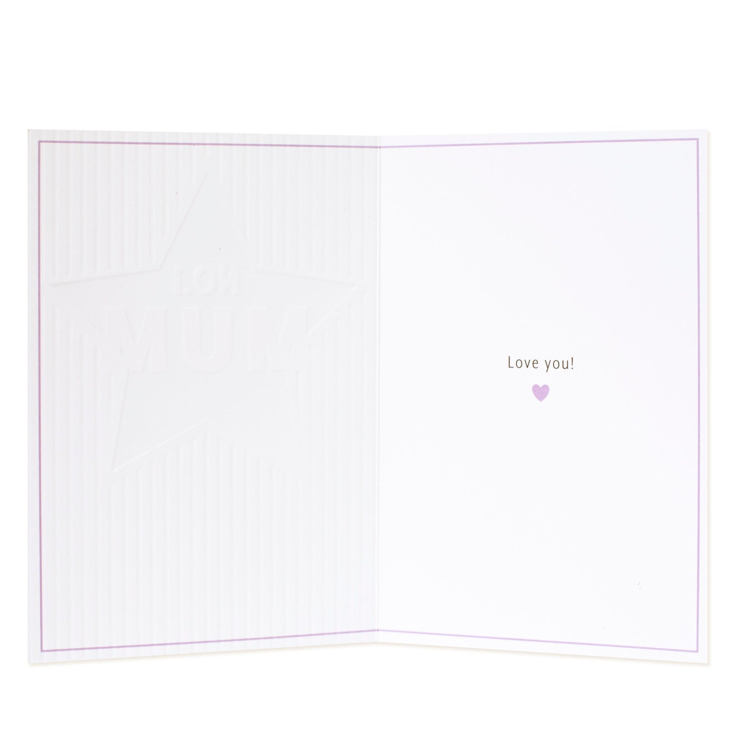Hallmark Mum Card - No. 1 MUM inside view with embossed star detail and printed message 'Love you!' in purple.