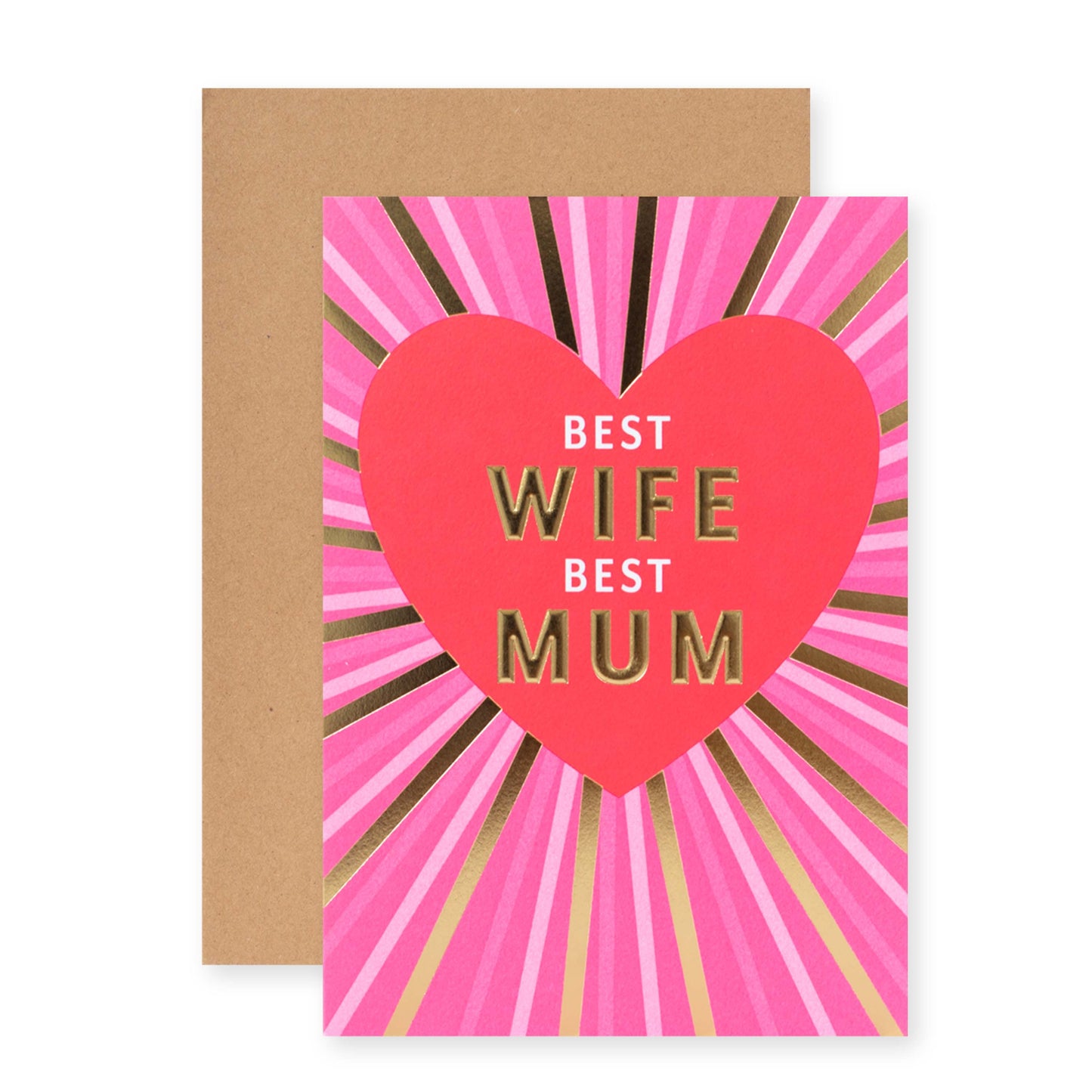 Hallmark Wife Card - Best Wife, Best Mum with neon colours, gold foil text and Kraft envelope, flat lay view.